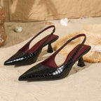 Fashion Crystal Pattern High Heels Black Pointed Toe Strap Elastic Band Slingback
