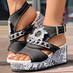Newspaper Buckle Denim Wedge Slides - Anklet Not Included