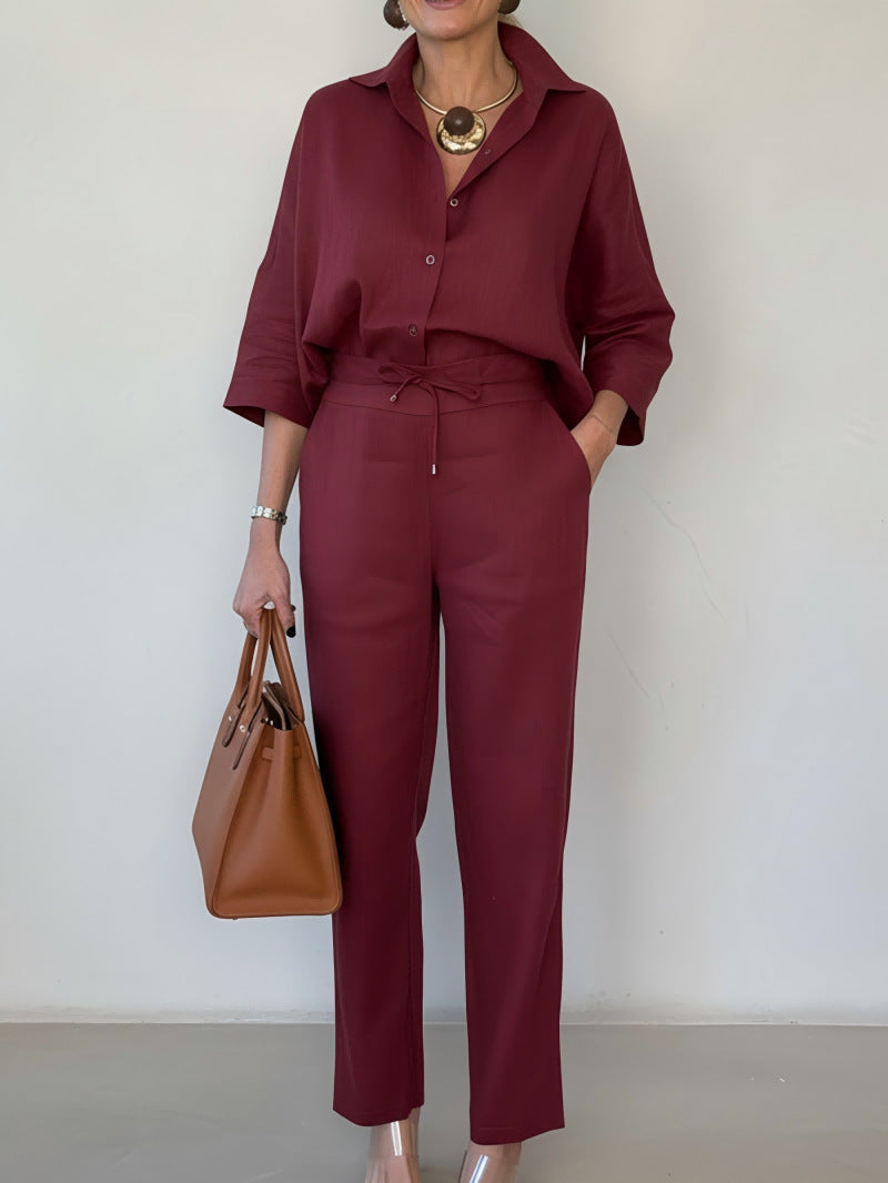 New Elegant Solid Color Polo Collar Linen Shirt And Two-piece Pants