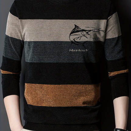 Mens Shark Graphic Striped Knit Sweater Round Neck Casual