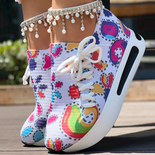 Women's Random Print Side Lace-Up Elastic Sport Shoes, Comfortable Slip-On Sneakers For Women, Casual Daily Wear Footwear Hover Image