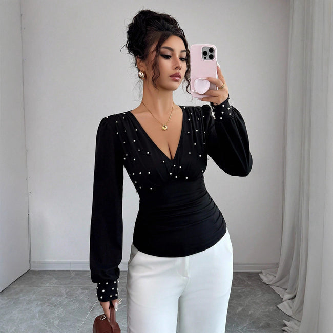V-neck Pearl Solid Color Long Sleeved Fitted T-shirt Women Hover Image
