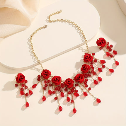 Three Piece Red Rose Tassel Necklace And Rose Earrings Set