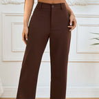 Spring And Autumn Solid Color Pocket Elastic Waist Pleated Casual Straight Pants