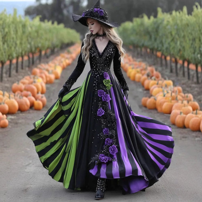 V-neck Long Sleeve Dress Large Swing Dress Halloween Dress Hover Image