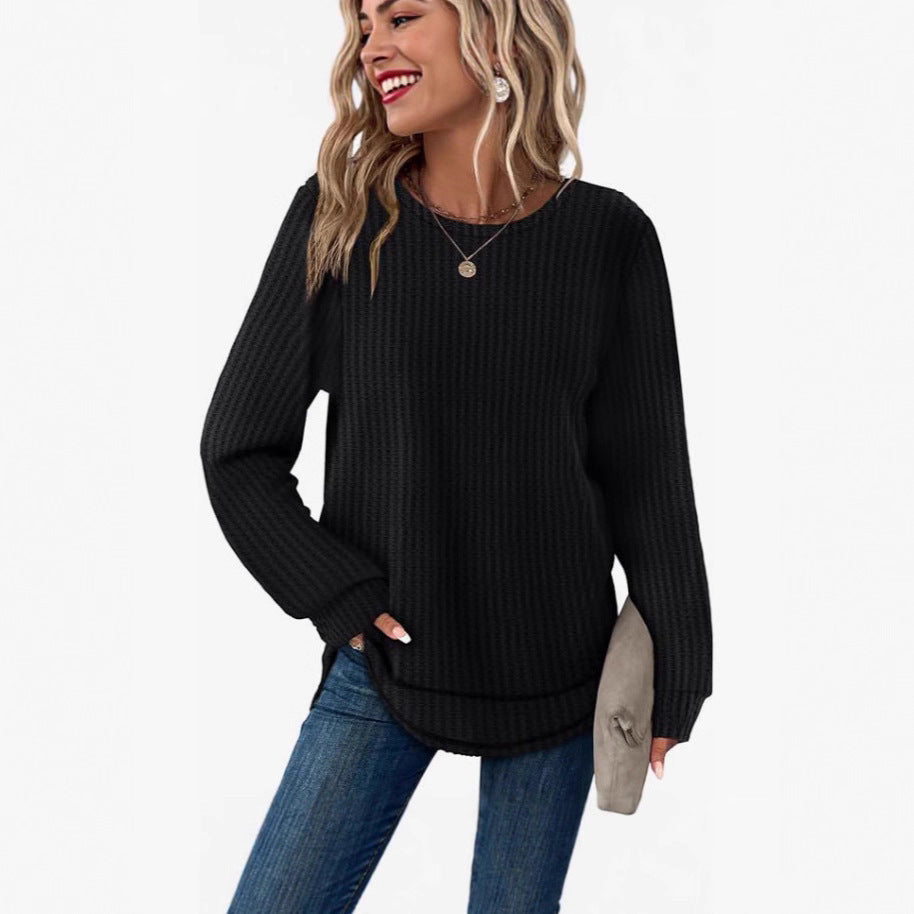 Waffle Loose Round Neck High And Low Curved Hem Top