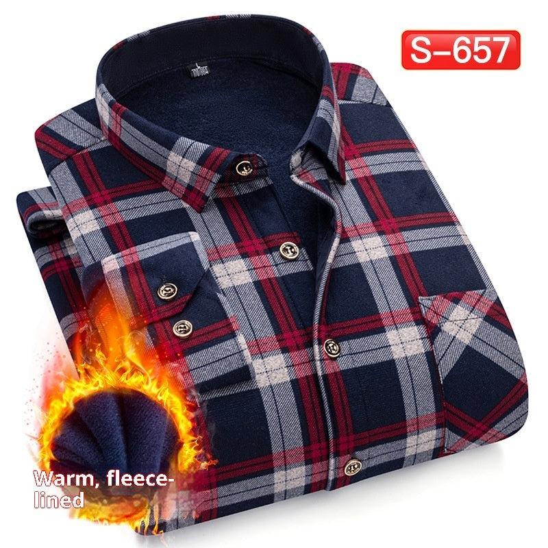 Autumn And Winter Warm Shirt Men's Long Sleeve Middle-aged Fleece Lined Padded Shirt