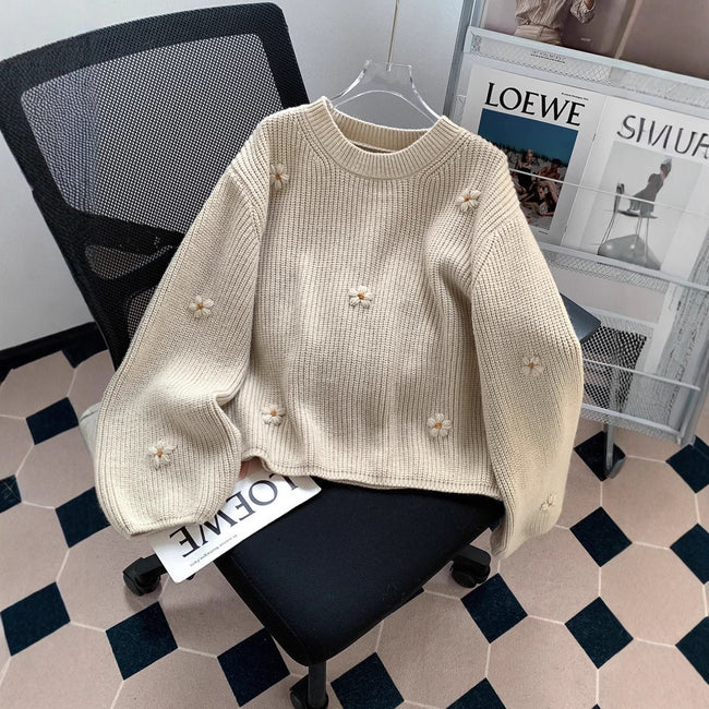Loose And Lazy Style High-grade Korean Style Vintage Embroidered Flower Pullover Sweater Main Image