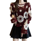 Hollow Crocheted Round Neck Long Sleeve Knitted Sweater