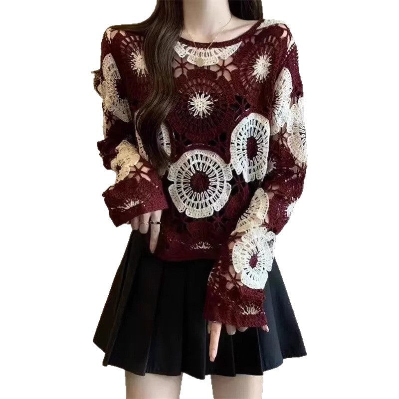 Hollow Crocheted Round Neck Long Sleeve Knitted Sweater