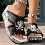 Newspaper Skull Original Hem Platform Wedge Slides - Anklet Not Included