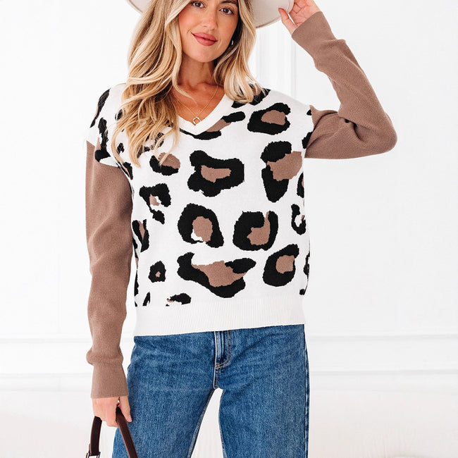 Fashionable Leopard Print Printed V-neck Knitted Sweater Main Image