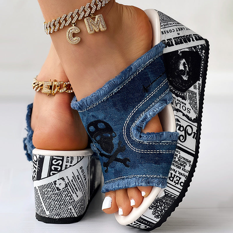 Newspaper Skull Original Hem Platform Wedge Slides - Anklet Not Included