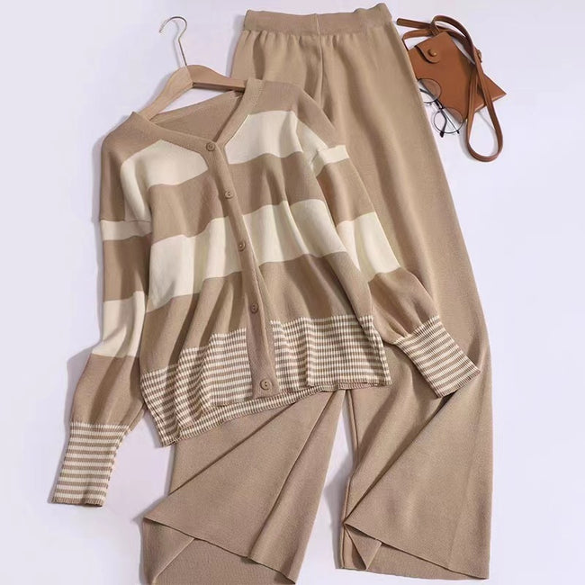 Korean Style Western Style Youthful-looking Striped V-neck Knitted Cardigan Wide Leg Pants Fashion Two-piece Suit Hover Image
