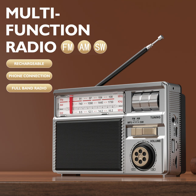 Portable Multifunction Radio FM AM SW BT TF USB Rechargeable