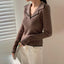 V-neck Hemmed Pullover Sweater Vertical Pattern Sunken Stripe Solid Color