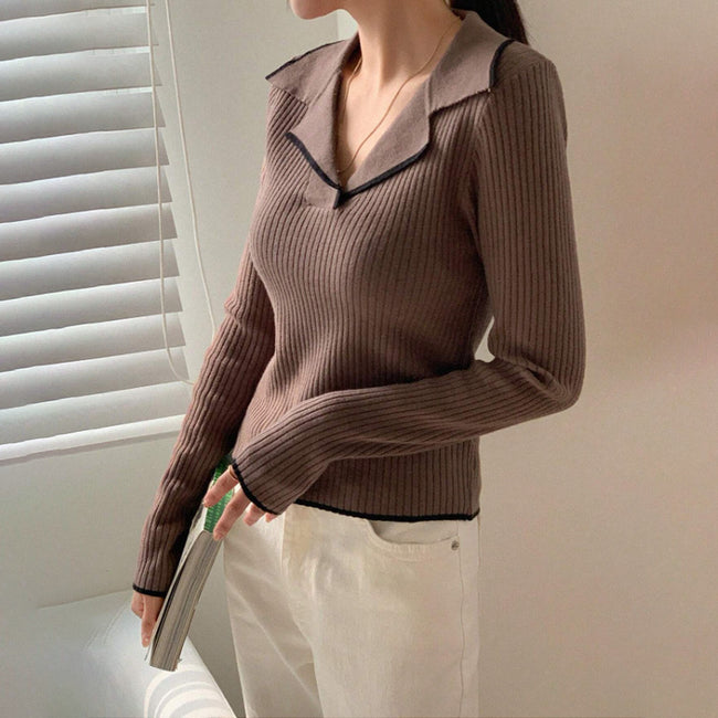 V-neck Hemmed Pullover Sweater Vertical Pattern Sunken Stripe Solid Color Hover Image