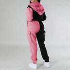 Women's Color Block 2 Piece Set, Full Zip Up Cropped Hoodie Jacket & Drawstring Cargo Pants, Casual Streetwear Outfit