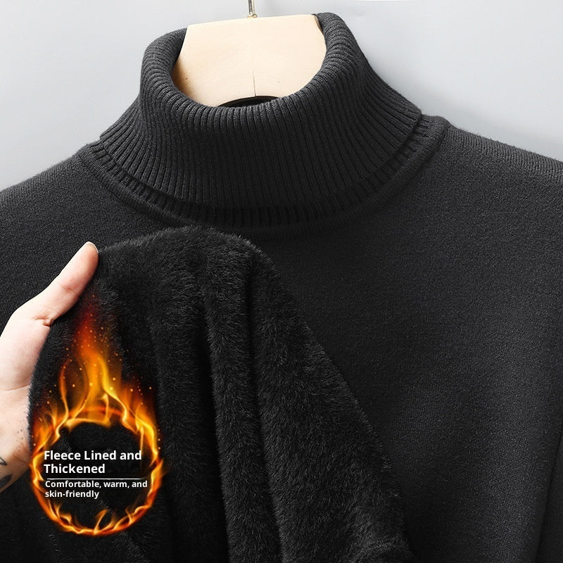 Men's Versatile Knitted Turtleneck Solid Color With Fur Sweater