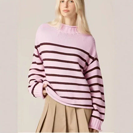 Stripe Warm Knitted Pullover Elegant Round Neck Long Sleeve Loose Sweater Main Image
