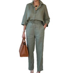 New Elegant Solid Color Polo Collar Linen Shirt And Two-piece Pants