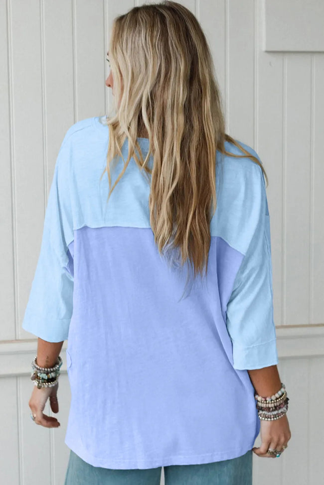 Light Blue Flower Patched Exposed Seam Bracelet Sleeve Oversized T Shirt Main Image