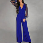 Women's Elegant V Neck Mesh Long Sleeve Loose Wide Leg Romper Party Jumpsuits With Rivet Cuffs