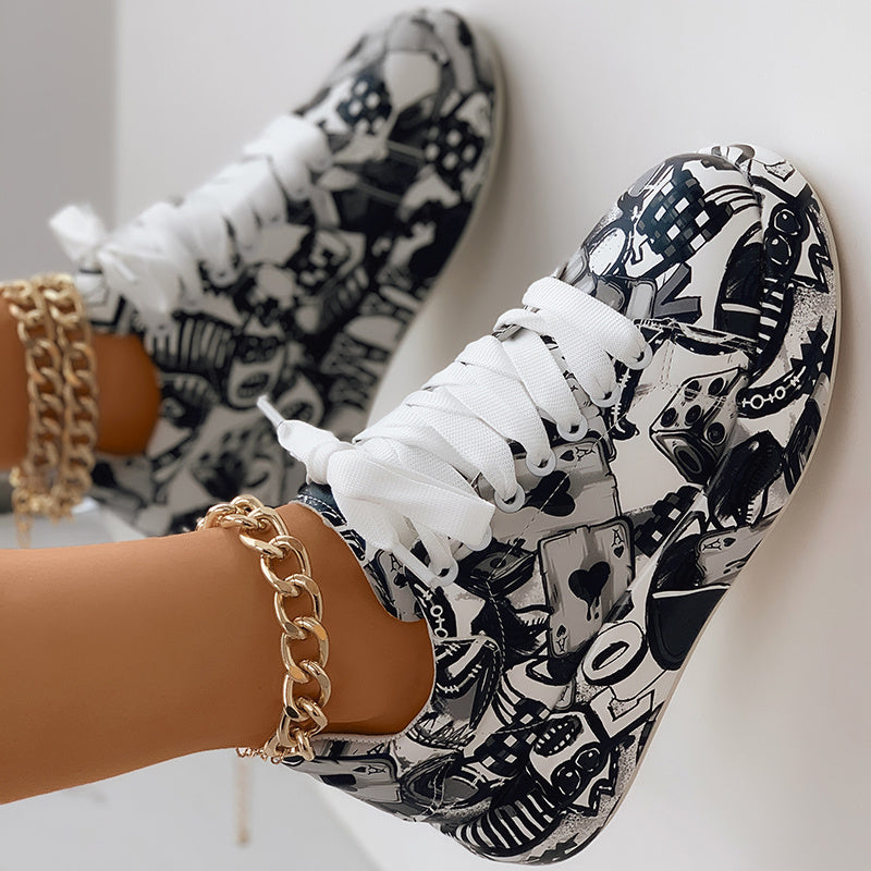 Women's Casual Round Toe Thick Sole Lace-Up Sneakers, Random Print Design, Comfortable Sporty Shoes For Daily Wear