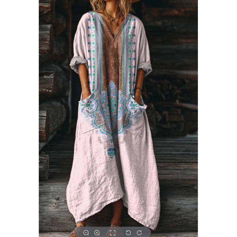 Women's Vintage Floral Print Pocket V-neck Dress