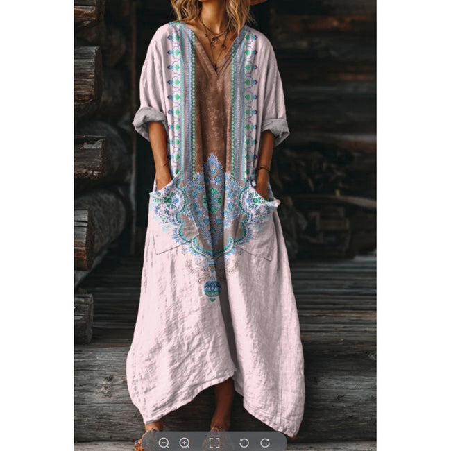 Women's Vintage Floral Print Pocket V-neck Dress Main Image