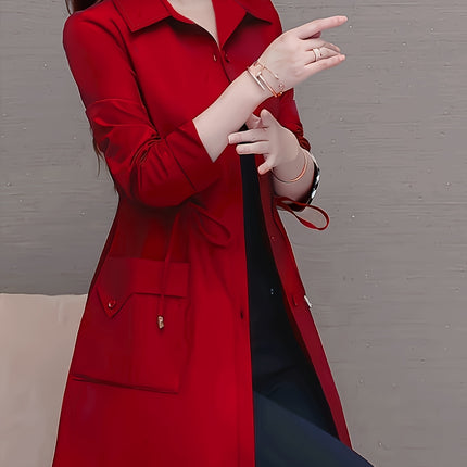 Women's Red Long Sleeve Button Up Shirt Jacket With Lapel
