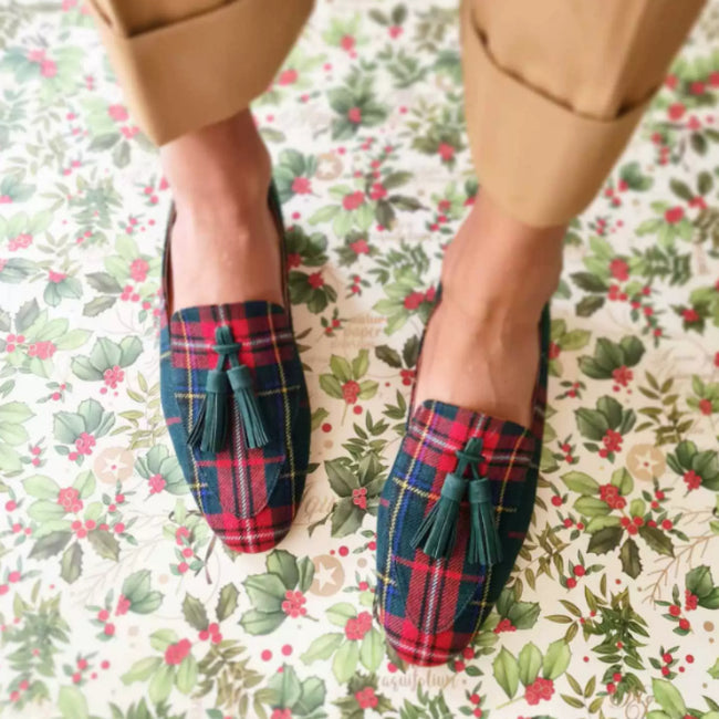 Leather Women's Square Head Checked Cloth Tassel Casual Pumps Main Image