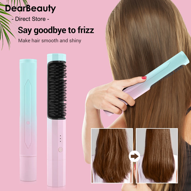 Straightening Comb Rechargeable Hair Wireless Straightener Curler Curling Straighten Dual-purpose Travel Portable USB Charging Hover Image