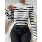 Fashion Long Sleeve Sunken Stripe Turtleneck Casual Slim Striped Sweater