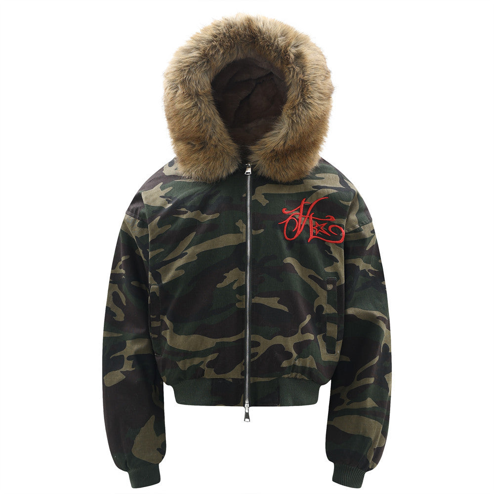 Letter Embroidered Camouflage Hooded Velvet Cotton Clothes Coat