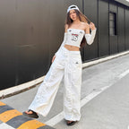 Ruffle Drawstring Lace Letters Embroidered Slacks