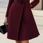 Women's Stand Collar Long Sleeve Dress, Elegant High Waist Belted Midi Dress, Slim Fit Office Formal Dress