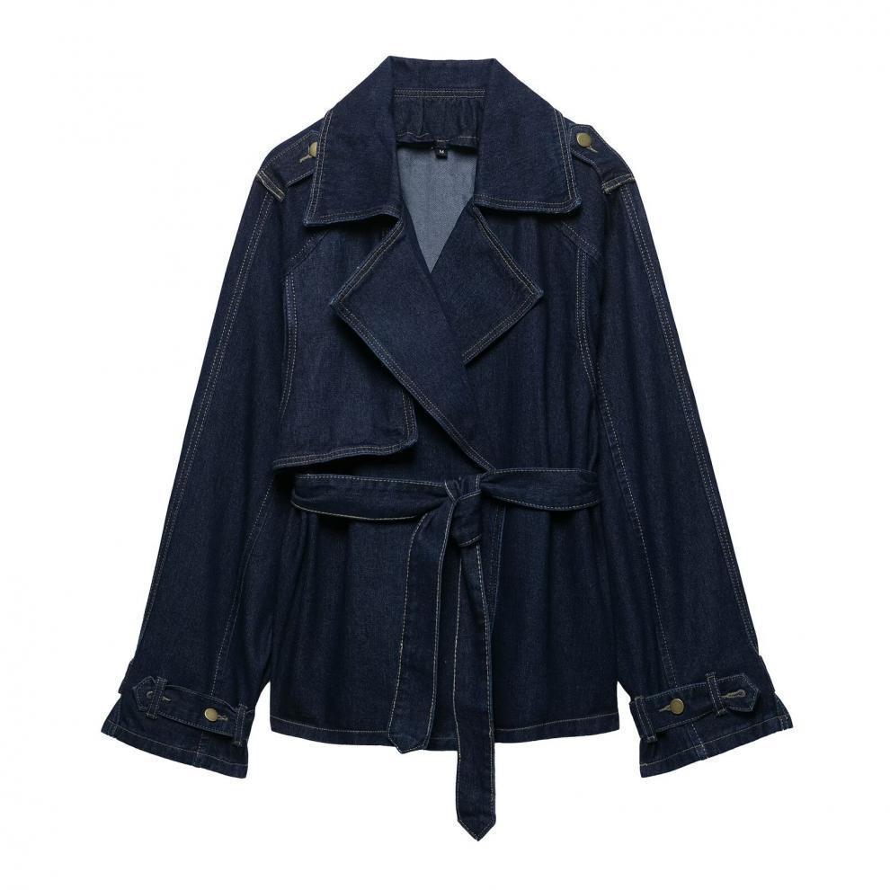 Casual Blue Belt Short Wide Design Denim Trench Coat