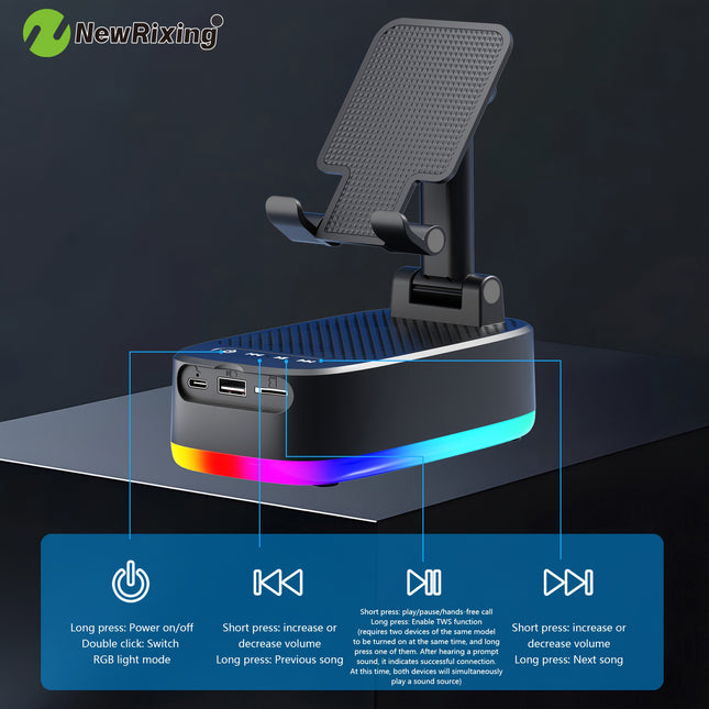 NewRixing 6W Wireless Speakers Phone Holder Dual Pairing