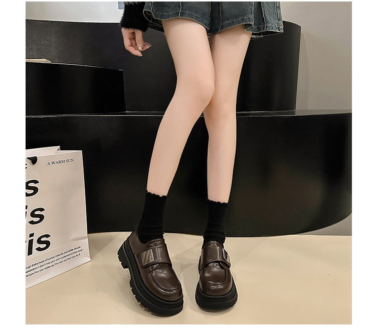 Women's Black Chunky Heel Leather Shoes British Style