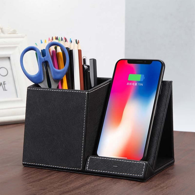 Leather Pen Holder Wireless Charger Wireless Phone Charger And Pen Holder Fast Charging Phone Hover Image