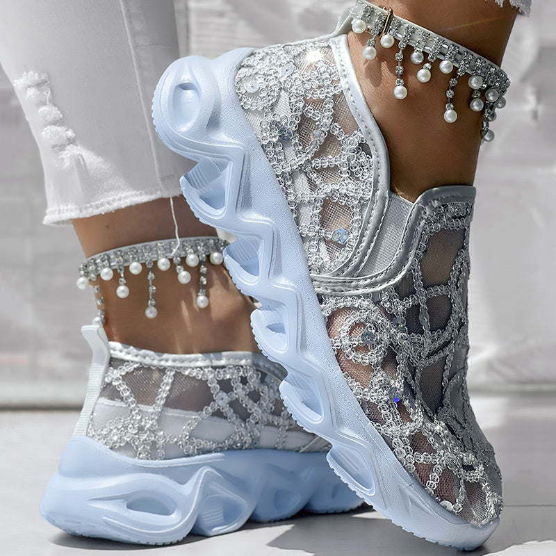 Contrast Glitter Transparent Mesh Patch Breathable Sneakers - Without Ankle Strap