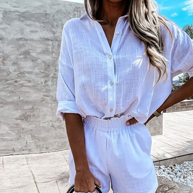Women's Linen Shorts Suit Lapel Shirt