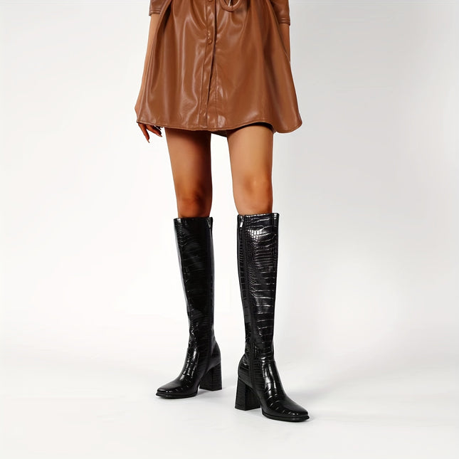 Black Square Toe Mid Calf Boots Women Chunky Heel Zipper