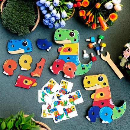 Wooden Dinosaur Screw Puzzle Toy Set Three Colorful Puzzles