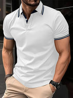 Men's Slim-fit Ribbed Striped Lapel Button Solid Color Stitching T-shirt Top