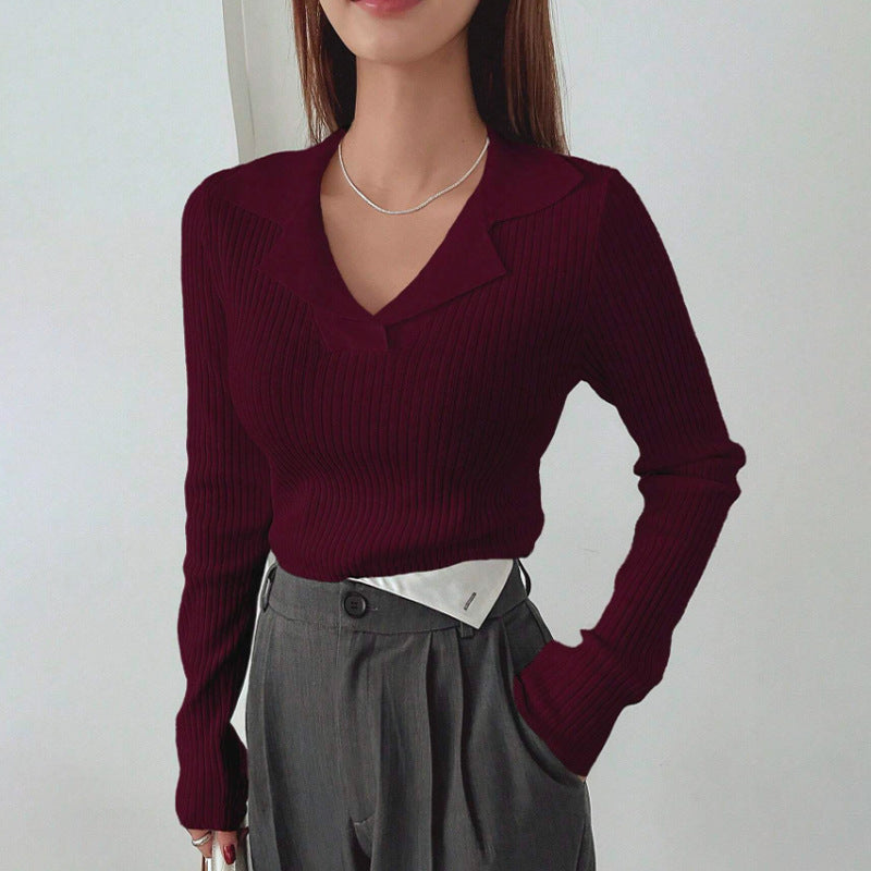 V-neck Hemmed Pullover Sweater Vertical Pattern Sunken Stripe Solid Color