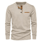 Men's Independent Stand Corduroy Casual Henley Slim Solid Color Long Sleeve T-shirt