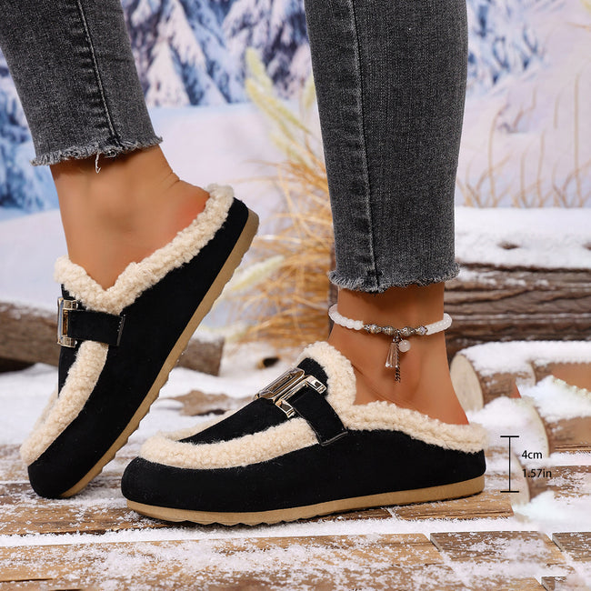 Women's Flat Lamb Wool Slippers Winter New Birkenstock Closed Toe Fluffy Shoes Lazy Cotton Slippers Hover Image