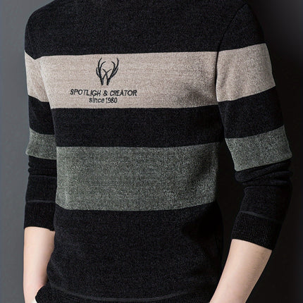 Mens Casual Striped Crew Neck Sweater Long Sleeve Pullover